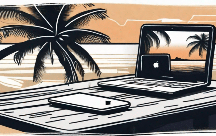 a Tropical Beach Scene with a Laptop on a Table Under a Palm Tree