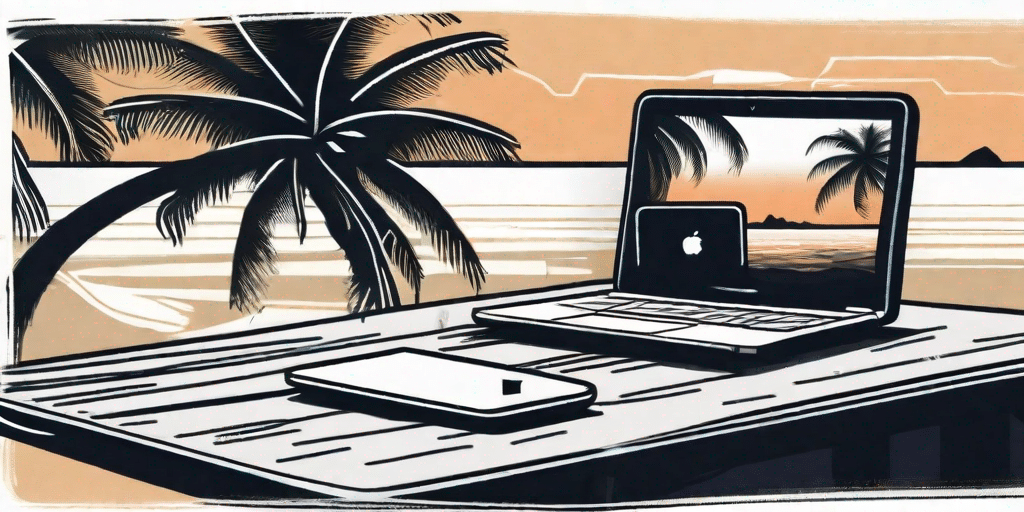 A tropical beach scene with a laptop on a table under a palm tree